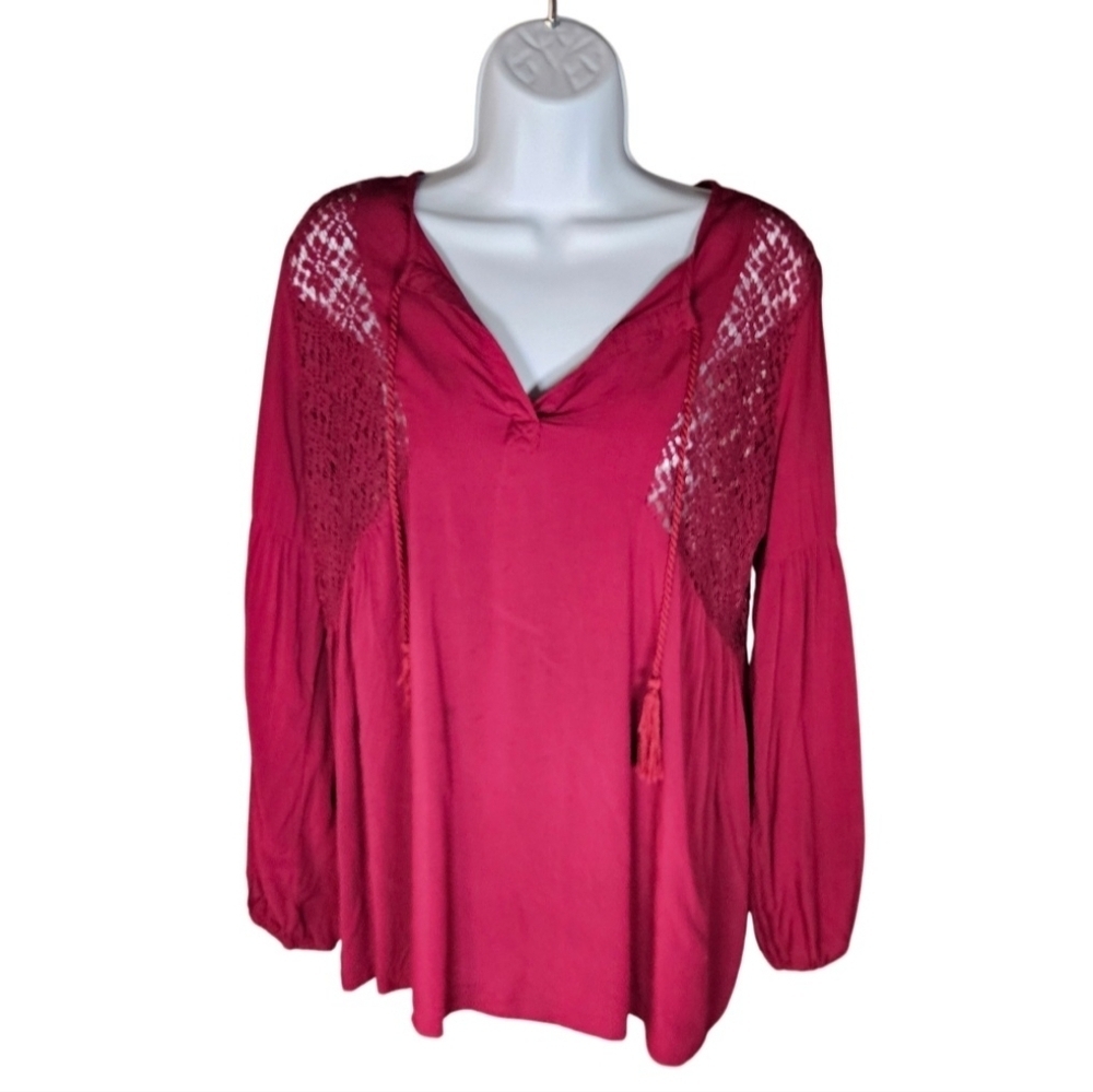 0028 YA Los Angeles Boho Cut Out Long Sleeve Peasant Top Small Deep Red Bohemian